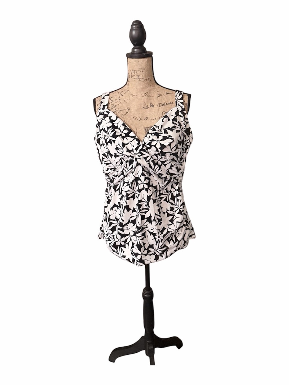 Lands' End Black & White Floral Twist-Front Tankini